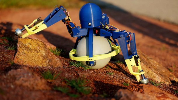 Der dreibeinige Roboter Skootr kriecht duchs Gelände.