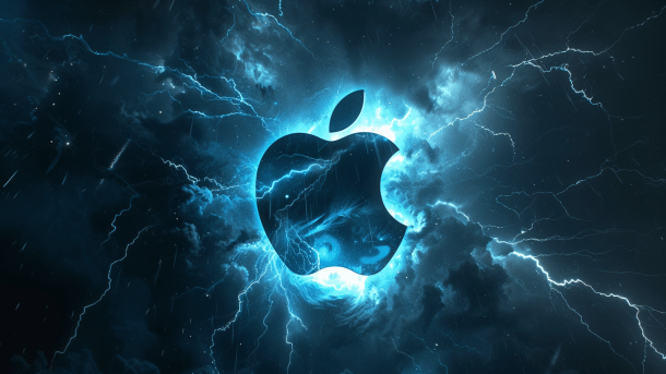Ein Apple-Apfel in einer Blitzwolke.