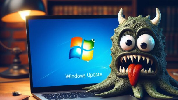 Verzweifeltes Monster sitzt auf Laptop, das Windows Update ausführt