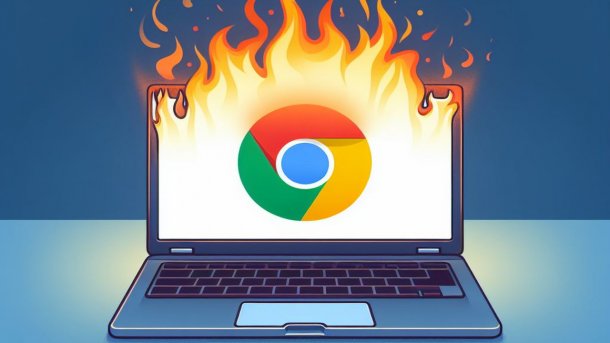 Stilisierte Grafik: Brennendes Google-Chrome-Logo auf einem Laptop