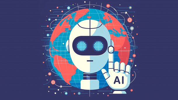 Künstliche Intelligenz: Roboterkopf mit Hand und Schrift "AI" vor Globus
