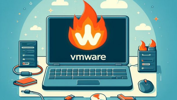Stilisierte Grafik: Brennendes VMware-Logo auf einem Laptop