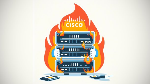Stilisiertes Bild: Ein Stapel brennender Cisco-Appliances