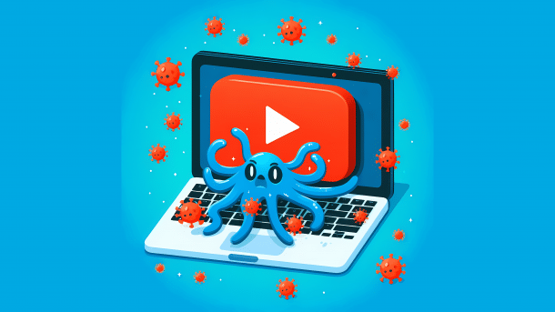 Stilisiertes Bild: Ein Laptop zeigt das Youtube-Logo, rundherum fliegen Viren