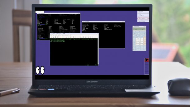 NetBSD mit ctwm-Desktopumgebung auf Notebook, das auf Tisch steht