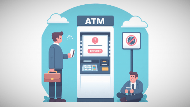 Stilisiertes Bild: Ein Geldautomat lehnt eine Zahlkarte ab