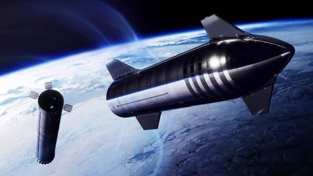 Starship und Booster-Rakete im Flug über der Erde