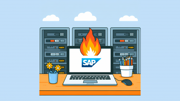 Stilisiertes Bild: Laptop mit SAP-Logo brennt, vor Serverracks