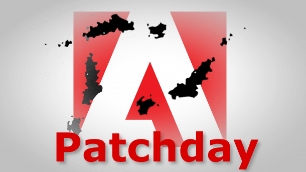 Adobe-Logo mit Flecken und der Aufschrift "Patchday"