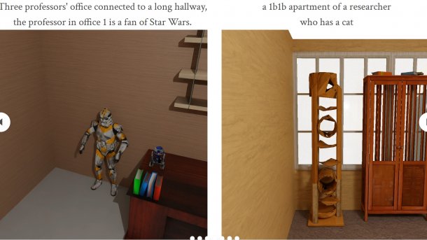 Zwei generierte Umgebungen, eine zeigt das Zimmer eines Star-Wars-Fans, die andere eines mit Katzenbaum