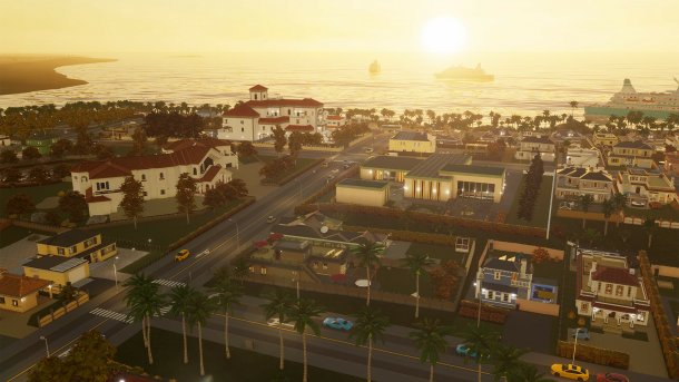 Screenshot aus "Cities Skylines 2" zeigt Stadt im Sonnenaufgang