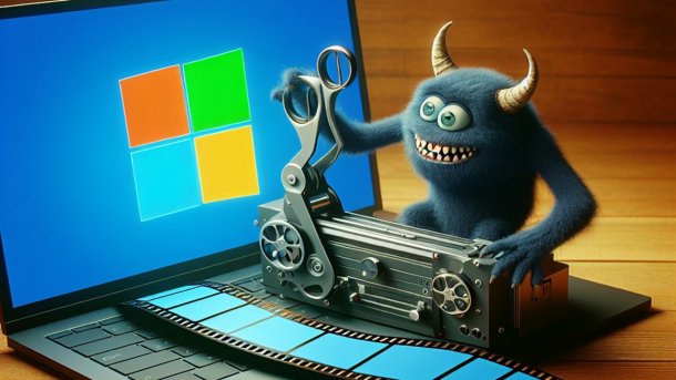 KI-Bild: Monster schneidet Film auf Laptop