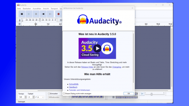Starbildschirm von Audacity 3.5