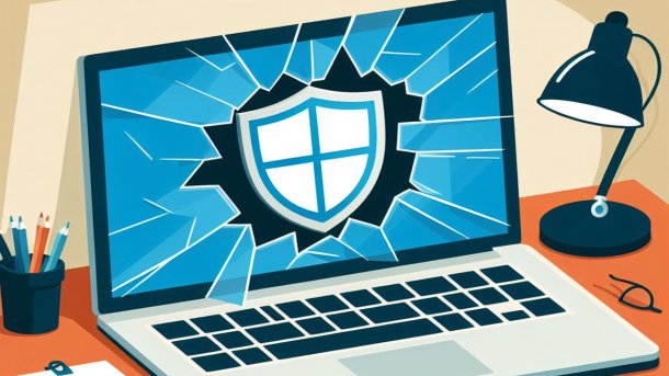 Stilisierte Grafik: zersplitterter Sicherheitsschild auf einem Laptop
