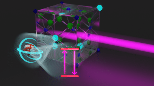 GErenderte Darstellung eines Kristallgitters und eines Lasers, der hineingestrahlt wird.