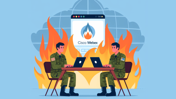 Stilisiertes Bild: Zwei Soldaten halten eine Webkonferenz ab. Im Hintergrund steht "Cisco Webex"