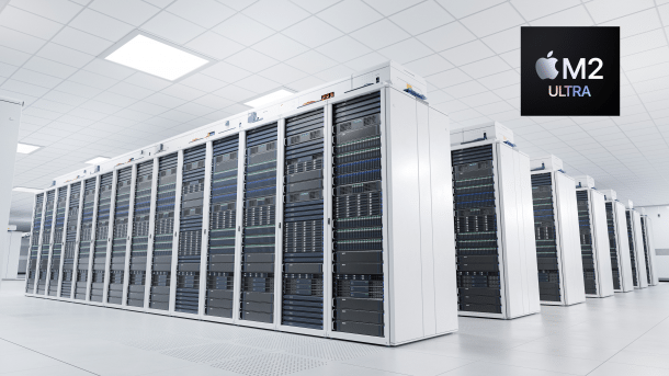 Rechenzentrum mit M2-Ultra-Logo