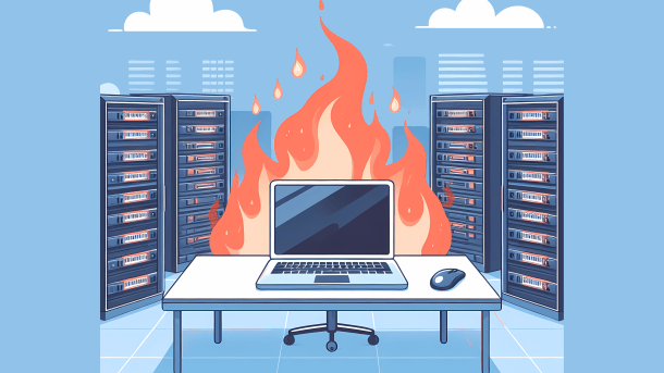 Stilisiertes Bild: Laptop steht auf Schreibtisch vor Serverschränken, es brennt