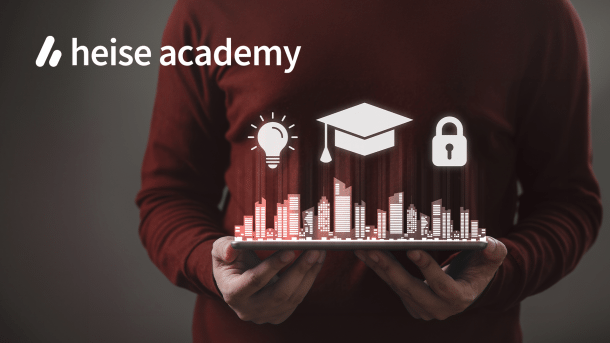 Ein Tablet zeigt die Skyline von Mainz und Symbole für Sicherheit und Wissen.