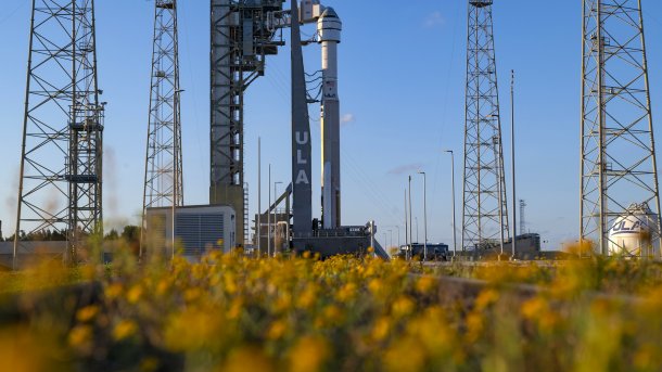 Rakete hinter einer Blumenwiese