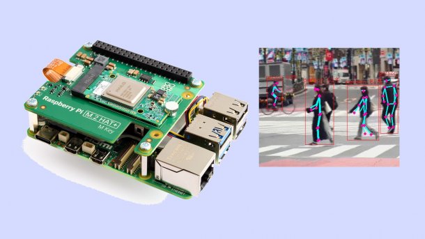 Das Raspberry Pi AI Kit und Screenshot des Anwendungsbeispiels Posenschätzung.
