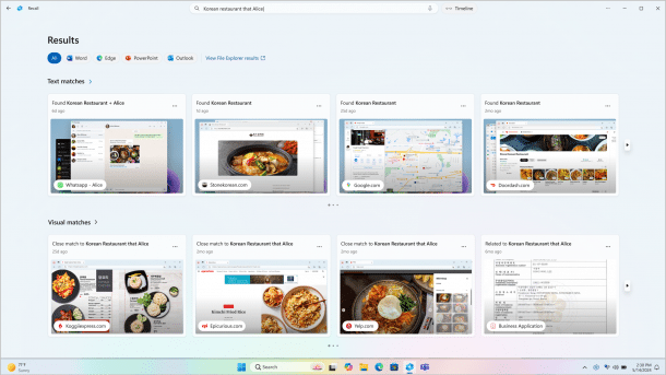 Screenshot der Recall-Suche mit verschiedenen Ergebnissen zur Suche "korean restaurant that Alice"