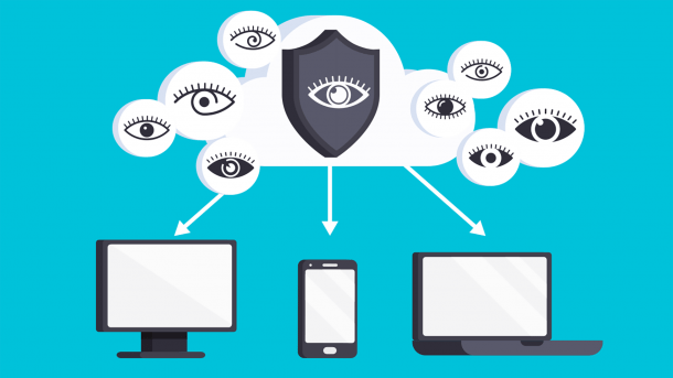 A symbolic image with a cloud full of stylized eyes looking at a laptop and smartphone.