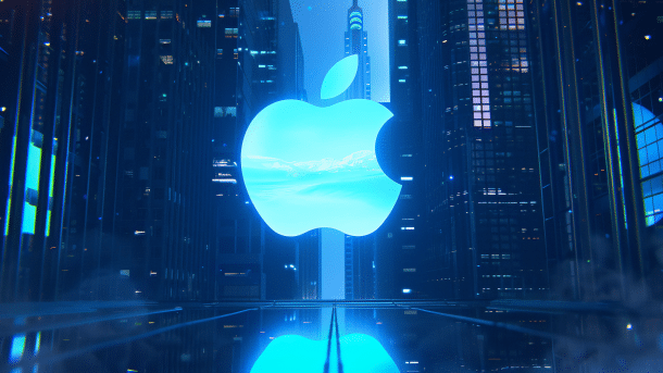 Apple logo in front of a skyscraper backdrop