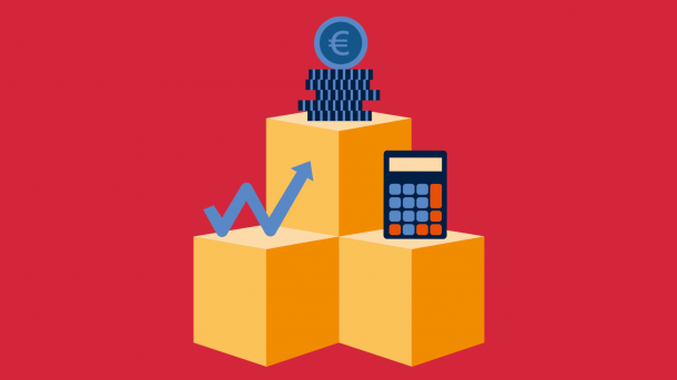 Symbolbild Wirtschaftswachstum, Münzen, Taschenrechner, Pfeil