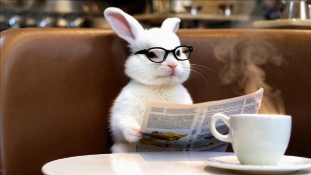 Hase liest Zeitung in einem Café