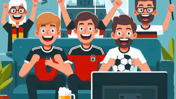 Stilisiertes Bild: Feiernde Fußballfans mit deutschen Flaggen