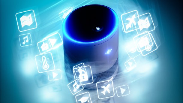 A voice assistant with activated voice output, surrounded by symbols