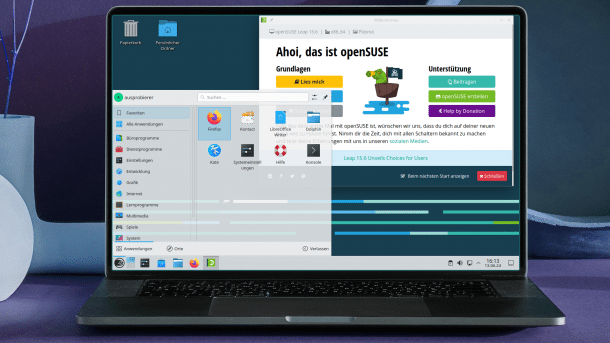 A laptop with the KDE Plasma desktop from openSUSE Leap