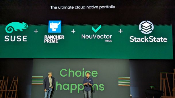 SUSE-Chef Dirk-Pete van Leuween heißt den CEO von StackState, Andreas Prins, bei SUSE willkommen.​