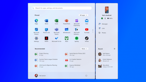 Start menu with smartphone link section