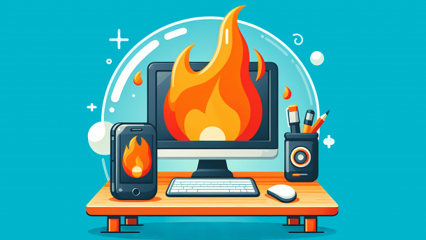 Stylized image: Laptop and smartphone, both have caught fire