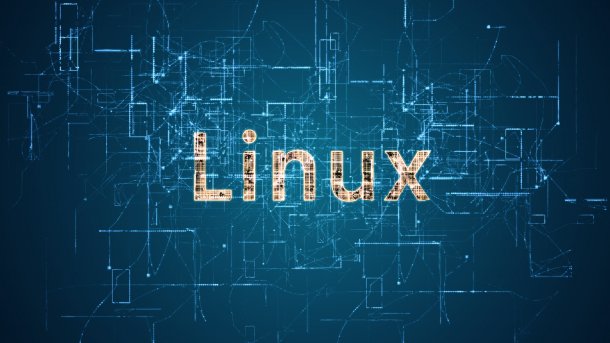 Das Wort "Linux" vor einer blauen Wolke mit Lichtlinien