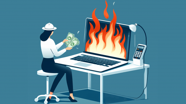 Stylized image: Laptop with burning screen, Whitehat sits in front of it and counts money
