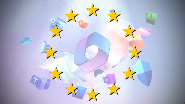 Collage aus EU-Flagge und Microsoft-365-Emblem.