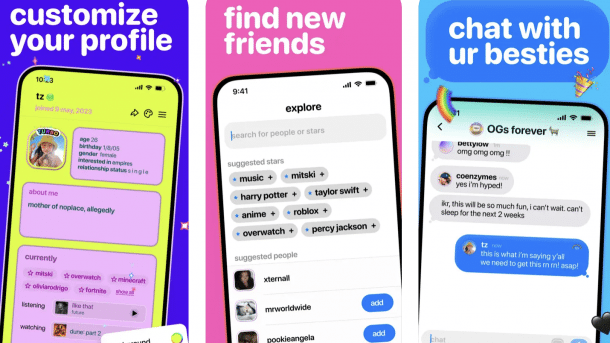 Drei Smartphone-Bildschirme mit dunkelblauem, rosanen oder blauen Hintergrund