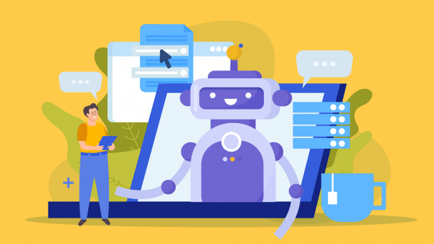 Laptop mit Chatbot und Sprechblasen