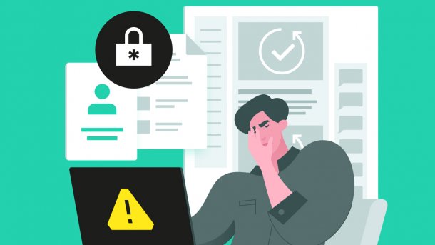 Grafik mit einem Menschen vor einem Laptop