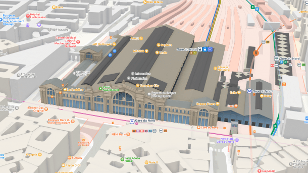Bahnhöfe wie der Gare du Nord wurden in Apple Maps aufgehübscht