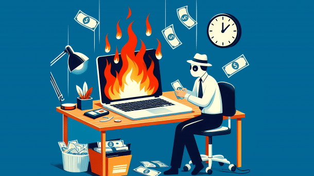 Stylized image: Laptop with burning screen, Whitehat sits in front of it and counts money