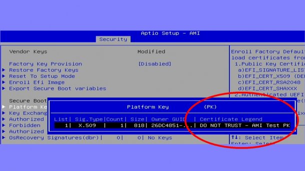 Screenshot des BIOS-Setup eines Mini-PC mit nicht vertrauenswürdigem UEFI Platform Key (PK)