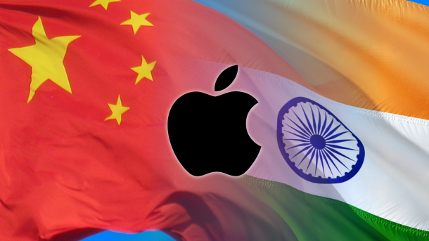 Flagge von China und Indien mit einem Apple-Logo
