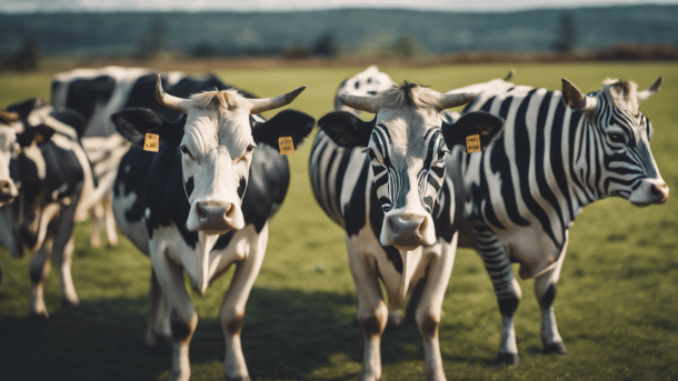 Some cows in a pasture that look strange, for example with zebra patterns