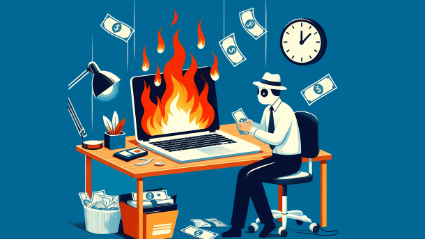 Stylized image: Laptop with burning screen, Whitehat sits in front of it and counts money