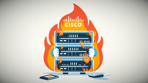 Stylized image: A stack of burning Cisco appliances