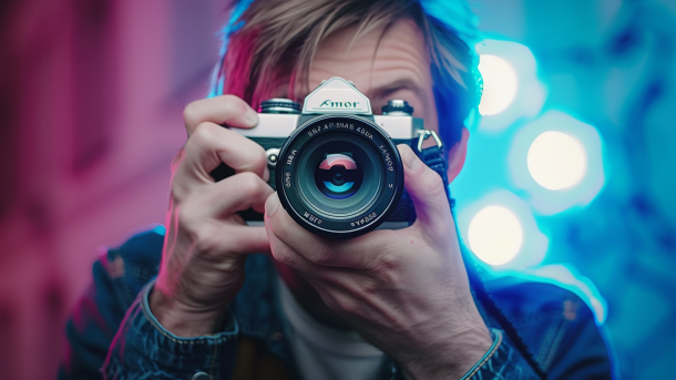 Kopf von einem Mann auf blauem Hintergrund zu sehen, der sich selbst mit Blitzlicht fotografiert